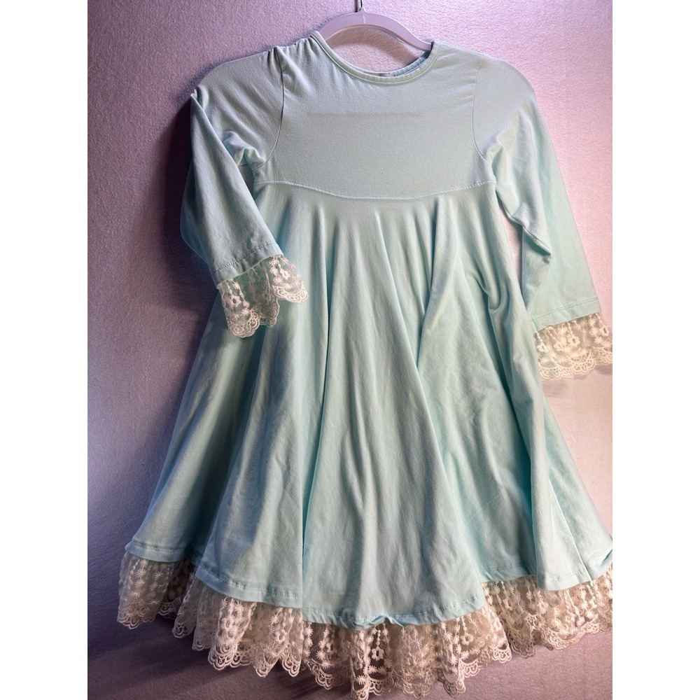 Just Blanks Boutique Girls 6X Blue A-Line Dress 3/4 Sleeve Lace Trim Knit